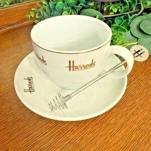 Vintage Harrods Knightsbridge Cup Saucer Stirrer Set London Tea Coffee Gift